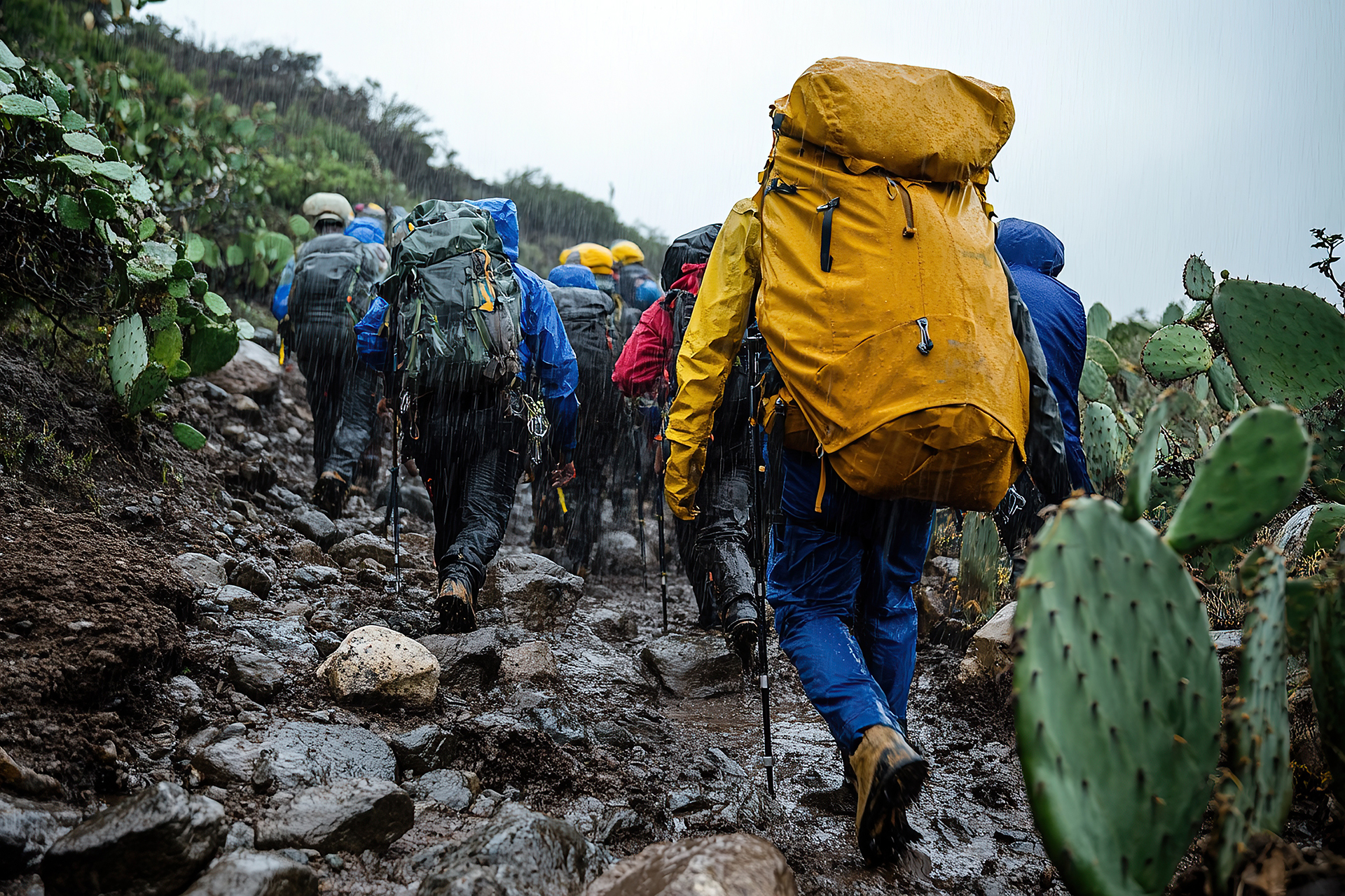 A group of hikers in the gray and rainy highlands on Mount Kilim