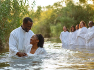 African American pastor baptizing a young woman in a river, joyful congregation in white robes on the shore on the right hand side